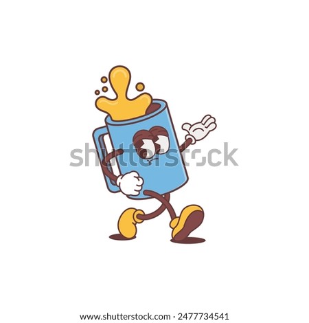 The iconic mascot of a mug with squirting cappuccino filling. Retro groovy chill and fun characters. Vector EPS files