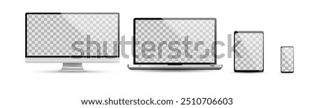 Realistic set of blank screens display monitor, laptop, tablet, smartphone, mockup vector illustration.