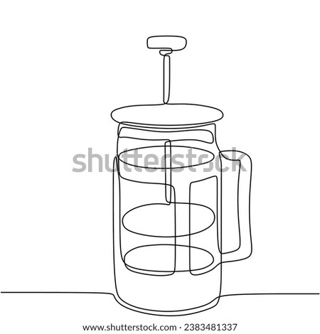 French press and coffee one line drawing. Continuous single outline. Vector illustration isolated. Minimalist design handdrawn.
