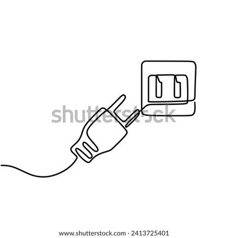 Continuous line art drawing of a plug inserted into an electric outlet in a minimalist black linear design. Isolated on a white background. Vector illustration electrical socket.