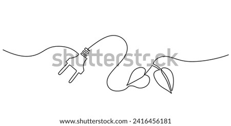 One line drawing of power plug with leaf. Green energy concept. Eco and modern theme vector illustration.