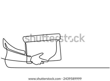 Hand carrying a cardboard box. World humanitarian day one-line drawing. volunteer gives a humanitarian kit to a person.