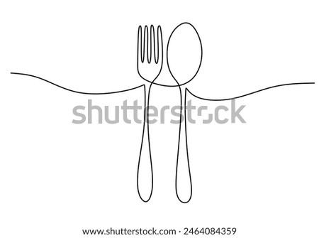 one continuous line drawing of fork and spoon isolated on white background. Cooking, kitchen and table manner concept vector illustration.