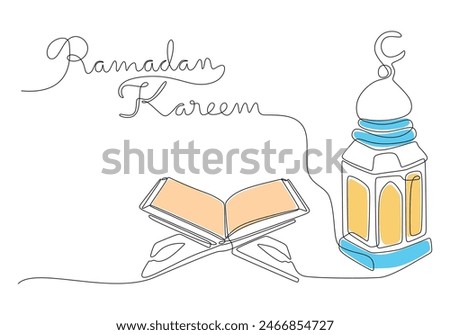 Quran with board and lantern with ramadan kareem handwriting in one single continuous line style. Ramadan kareem concept vector.