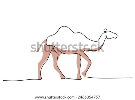 Big camel on the desert in one single continuous line drawing style isolated on white background. Ramadan kareem concept vector illustration.