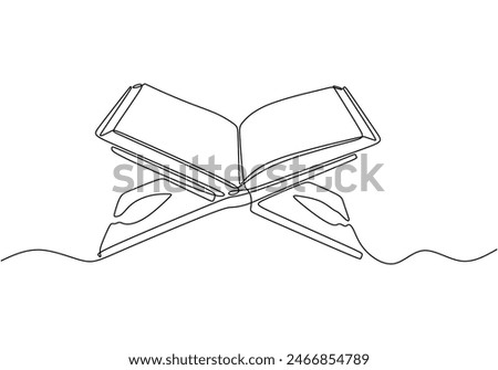 holy book al quran with board in one single continuous line drawing style isolated on white background. Ramadan kareem concept vector illustration.