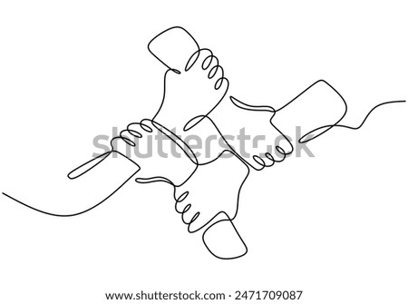 People unite their hands together continuous line drawing. Trendy teamwork concept. Vector illustration minimalist design hand drawn.