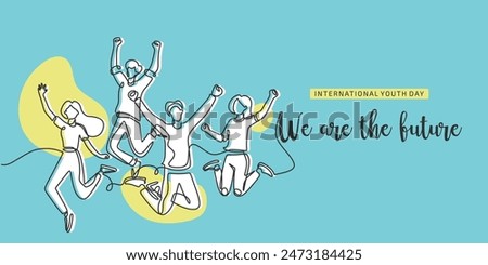 Young people jumping continuous line drawing. International youth day concept. Vector illustration minimalist design hand drawn.