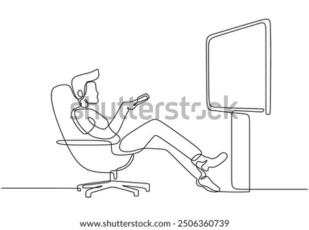 Minimalist one line drawing of a man relaxing on the couch and watching TV at home. Hand drawn doodle art in a continuous line.