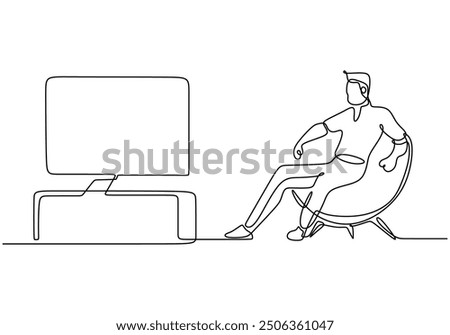 Continuous line art of a man sitting on the couch and watching TV at home. Minimalist hand drawn single line illustration.