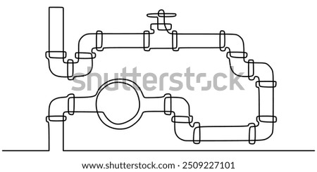 One line drawing vector illustration of a complex industrial piping system with a valve. Simplistic industrial design.