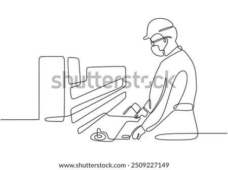 Continuous single line drawing of a man operating a factory machine. Features industrial operations with a clean vector style.