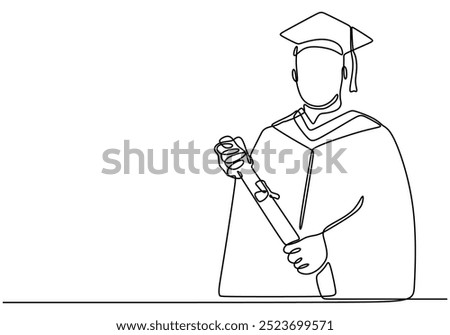 Continuous line drawing of a man in a cap and gown celebrating his graduation. Captures the essence of educational accomplishment in a streamlined design.