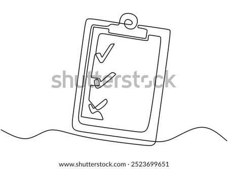 Clipboard with checklist in one line art vector. Continuous line drawing check list paper. Single outline illustration isolated on white background.