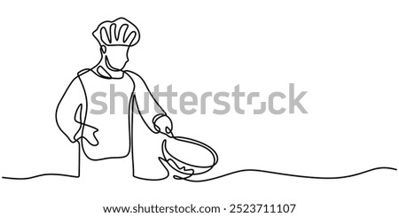 Continuous line drawing of a chef cooking in the kitchen with a pan and stove. A dynamic illustration of a professional chef in action. Vector illustration.