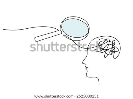 Looking for mental health problem in continuous one line drawing. Magnifying glass and confused feelings and thoughts in head. Psychology concept. Vector illustration mental pressure treatment.