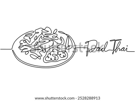 Pad Thai continuous line drawing. Thai Food traditional and local meal concept. Vector illustration minimalist isolated on white background.