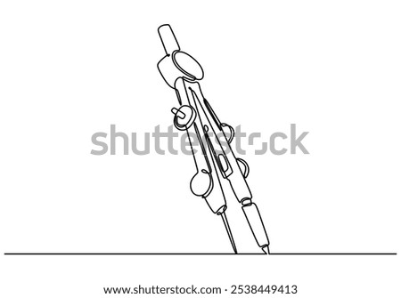 Precision compass pencil holder divider illustrated in continuous one line drawing. Education tools concept for geometry and drafting.