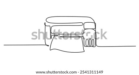 Printer depicted in a continuous one line drawing as it ejects sheets of paper. Work and office concept. Hand-drawn minimalist design.