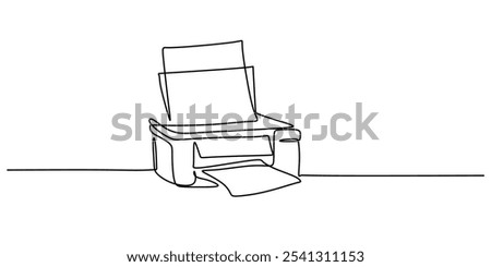 Printer illustrated ejecting sheets of paper in a continuous one line drawing. Work and office concept. Hand-drawn minimalist design.