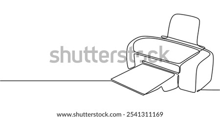 Printer depicted in a continuous one line drawing as it ejects sheets of paper. Work and office concept. Hand-drawn minimalist design.