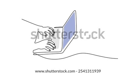 Hands depicted typing on the keyboard in a continuous one line drawing. Concept related to work and office. Minimalist hand-drawn vector illustration.