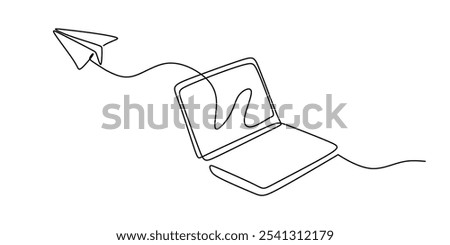 Laptop screen extending outward with a paper airplane in a continuous one line drawing. Concept of ideas. Hand-drawn minimalist vector illustration.