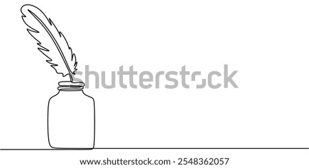 Feather quill and ink bottle in a continuous line drawing, symbolizing vintage writing and creativity. Minimalist depiction of a classic tool.