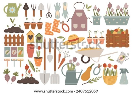 Vector set of garden items in hand drawn style isolated on white background. Agricultural and gardening tools for spring work.