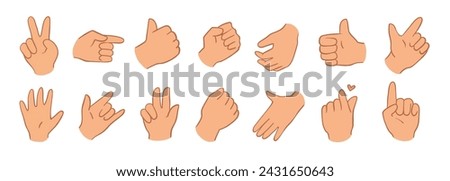 Cartoon hands set. Different gestures pointing, attention, fist, thumbs up. Isolated vector illustration on white background