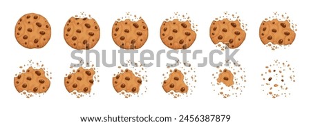 Bitten chocolate chip cookie. Crunch homemade brown biscuits broken with crumbs. Cartoon baked round choco cookies bite animation vector set. Illustration animation disappear choco crumb piece bakery