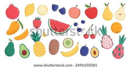 Doodle fruits. Natural tropical fruit, doodles citrus orange and vitamin lemon. Vegan kitchen apple hand drawn, organic fruits or vegetarian food. Vector isolated icons illustration set on white