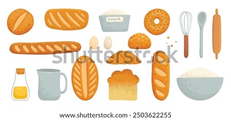 Baking ingredients. Cartoon kitchen tools and food for pastry and sweet bakery, eggs flour sugar butter milk whisk rolling pin. Vector isolated set. Utensils and products for baking pastry on white