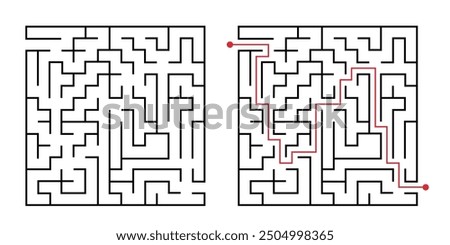 Labyrinth game way. Square maze, simple logic game with labyrinths way. How to find out quiz, finding exit path rebus or logic labyrinth challenge isolated vector illustration on white background