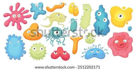 Cartoon bacteria mascot. Virus character, bacterias with funny faces. Color microbes and disease viruses isolated vector illustration set. Monster creature organism, bacteria and microbe