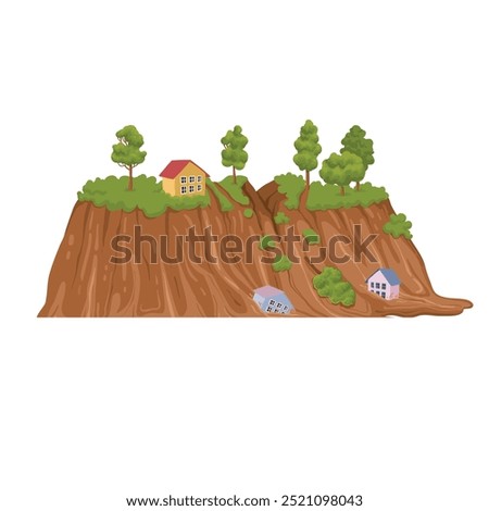 Cartoon mudflow, natural disaster. Landslide, mud stream with stones, washed away houses, mudflows extreme cataclysm disaster flat vector illustration on white background