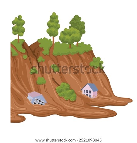 Cartoon mudflow, natural disaster. Landslide, mud stream with stones, washed away houses, mudflows extreme cataclysm disaster flat vector illustration on white background