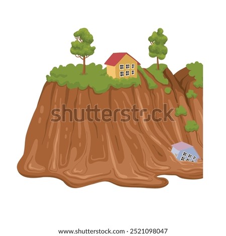 Cartoon mudflow, natural disaster. Landslide, mud stream with stones, washed away houses, mudflows extreme cataclysm disaster flat vector illustration on white background