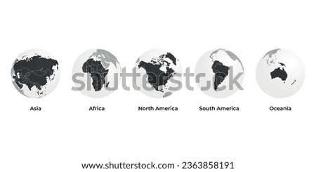 Earth map globe icon set with five continents vector design. Continents front facing asia, africa, north america, south america, oceania.