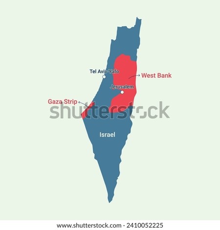 Palestine and Israel map highlight with gaza stripe, west bank, Jerusalem, tel aviv vector.