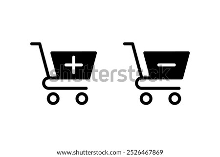 Shopping cart plus minus icon set vector isolated on white.