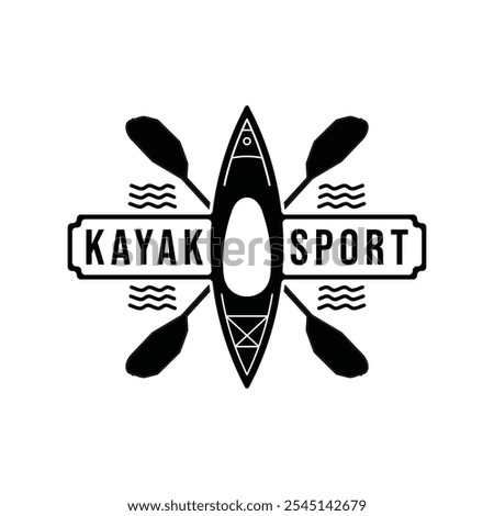 Vintage kayak logo design. with a retro-style illustration of a kayak with paddles and waves.