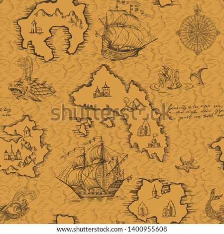 Old caravel, vintage sailboat, sea monster. Monochrome Hand drawn sketch. Vector seamless pattern for boy. Detail of the old geographical maps of sea.