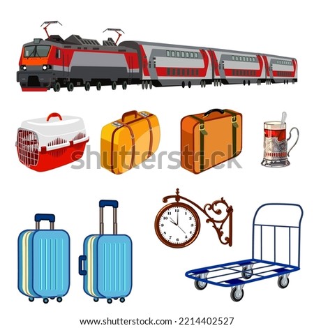 Set of railway transport attributes: luggage, luggage trolley, watch, train. Vector image isolated on white background