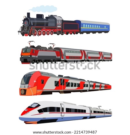 Set of images of various trains of Russian railways. Vector image isolated on white background