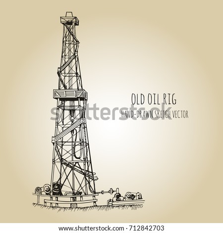 Rig for exploration and drilling wells for oil production. Hand drawn sketch vector illustration.