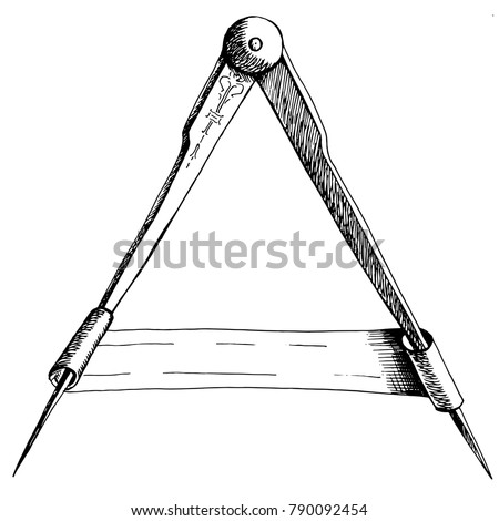 Ancient compass measuring instrument. Drawing by hand. Element of decorating an old geographical map. Inscription frame