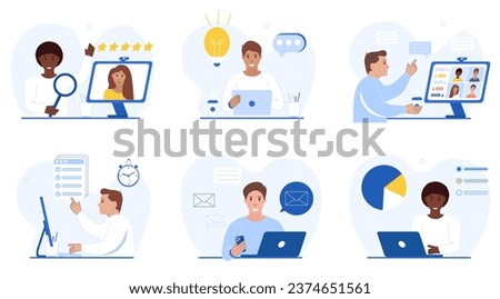 Computer work concepts. Vector illustration of a set of cartoon diverse business people in a flat style working at a computer or laptop in different directions: Data, Check list, New Idea, Hr,  etc.