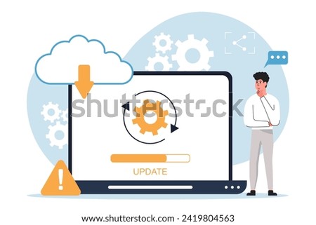 System update vector illustrations. Character programmer update the operating system. System maintenance, software and program updates, technology. Technical error and maintenance.