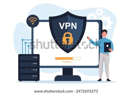 Vpn technology system. Characters connect to secure VPN points. VPN connection concept. Internet connection flat illustration vector.